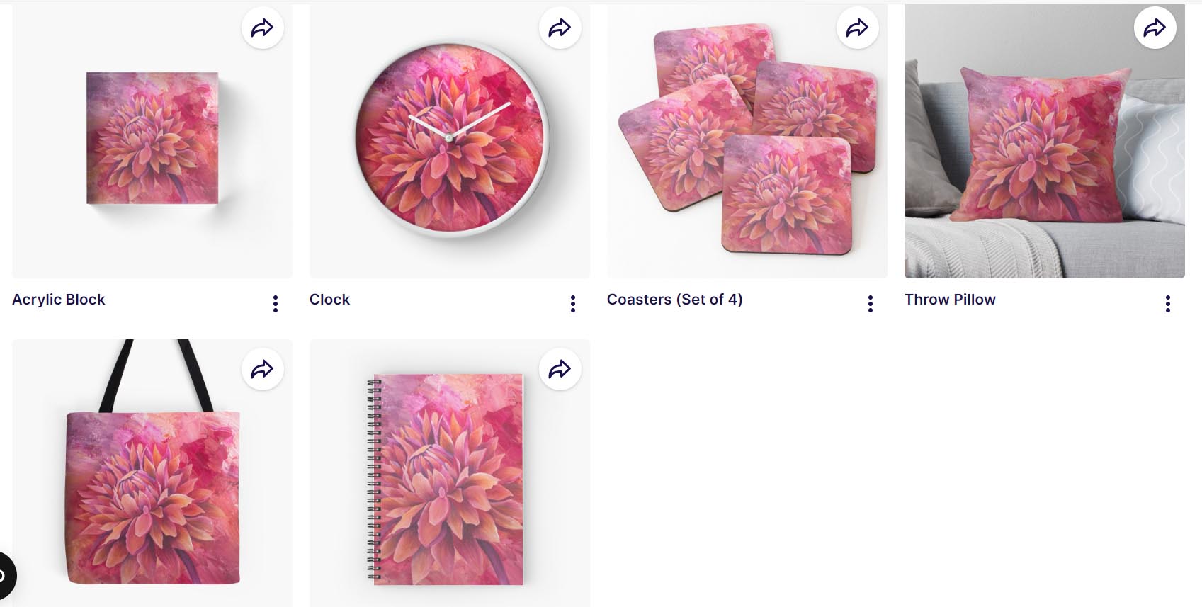 dahilia design on clocks, notebooks, bags etc